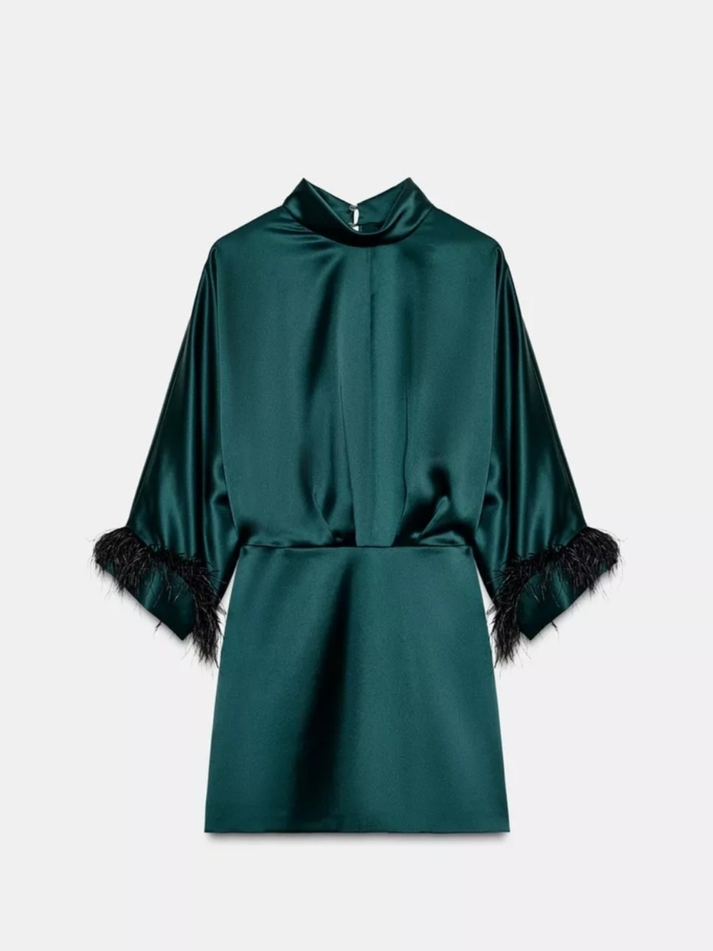 Zara Feather Satin Effect Short Dress in Deep Green - Picture 8 of 10